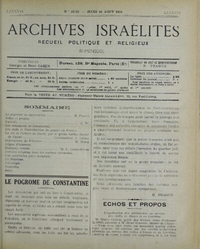 Archives israélites de France. Vol.96 N°82-83 (16 août 1934)